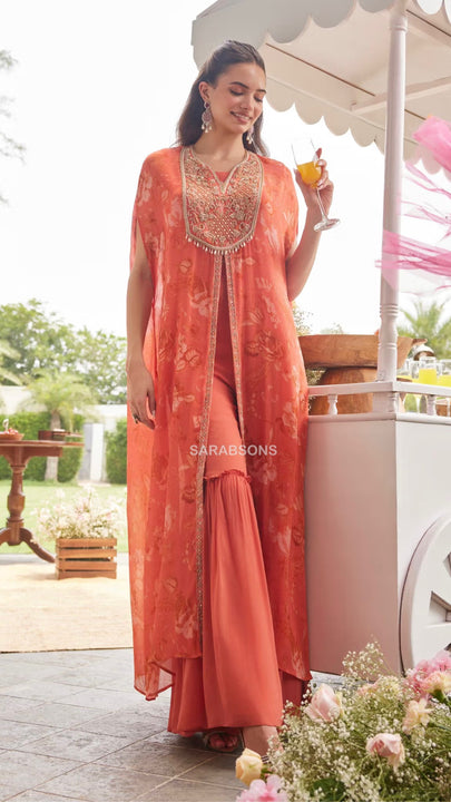 Coral Peach Indo-Western Center-Slit Dress with Gharara Co-ord Set