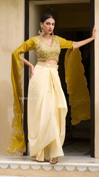 Chartreuse Yellow Indo-Western Crop Top Draped Skirt Set
