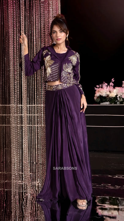 Baaz Royal Plum Indo-Western Crop Top Draped Skirt with Cropped Jacket Set