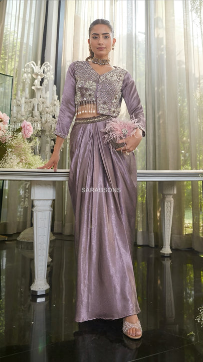 Lishkara Dusty Mauve Indo-Western Crop Top Draped Skirt with Cropped Jacket Set