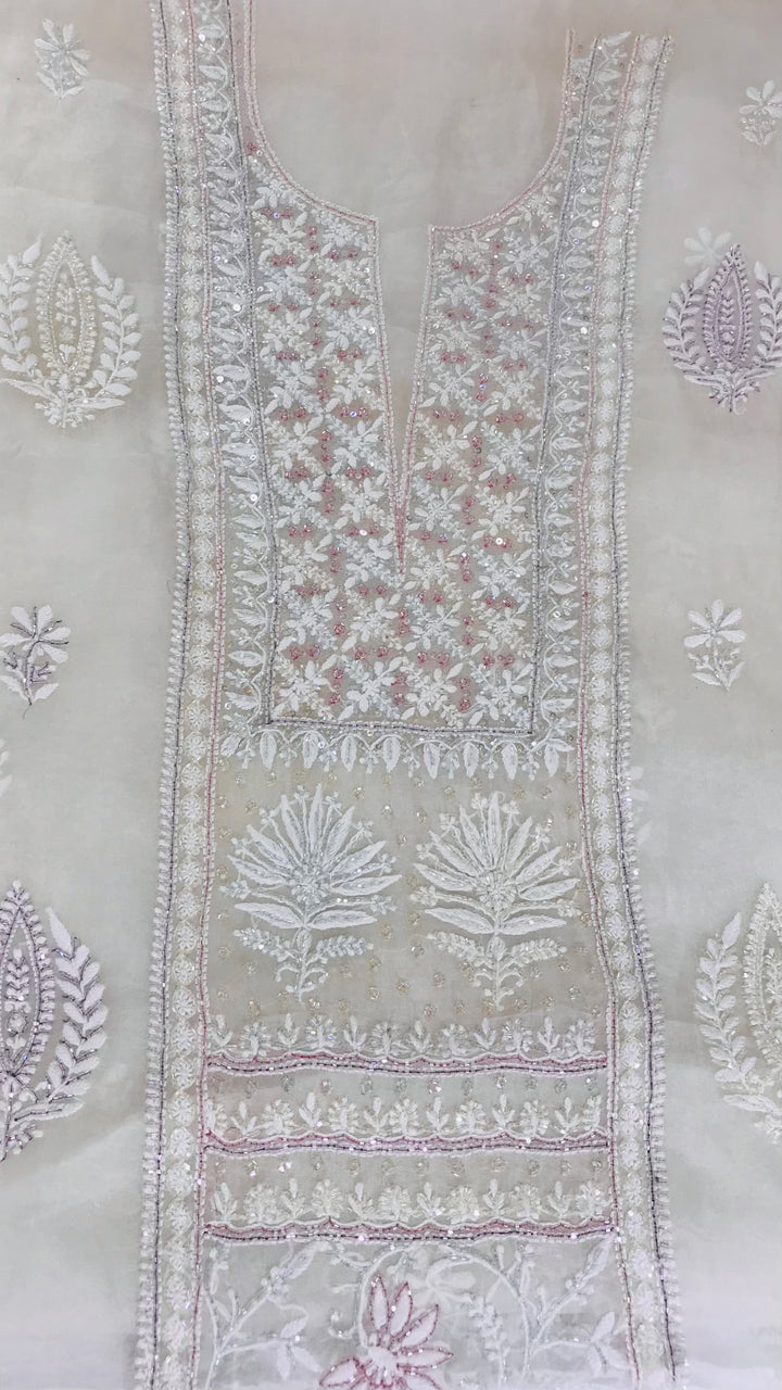 Lucknowi Chikankari Suit Length 2 Piece Off White Pure Organza With Cutdana & Sequence Work