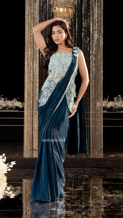 Teal Blue Indo-Western Spaghetti Strap Ready-To-Wear Draped Saree