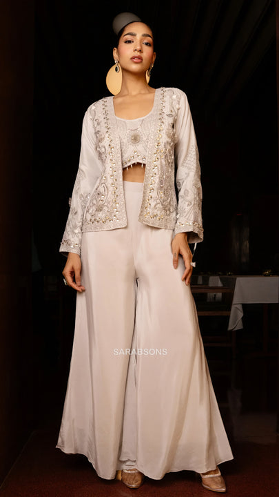 Dove Grey Indo-Western Crop Top Palazzo with Jacket Set