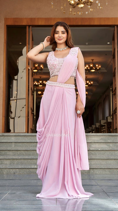 Blush Pink Indo-Western Ready-To-Wear Draped Saree