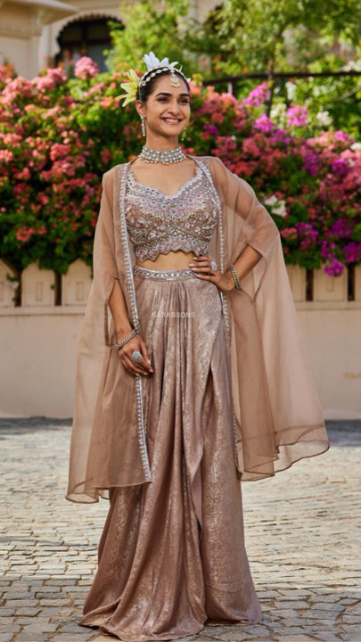 Champagne Gold Indo-Western Crop Top Draped Skirt with Cape Set
