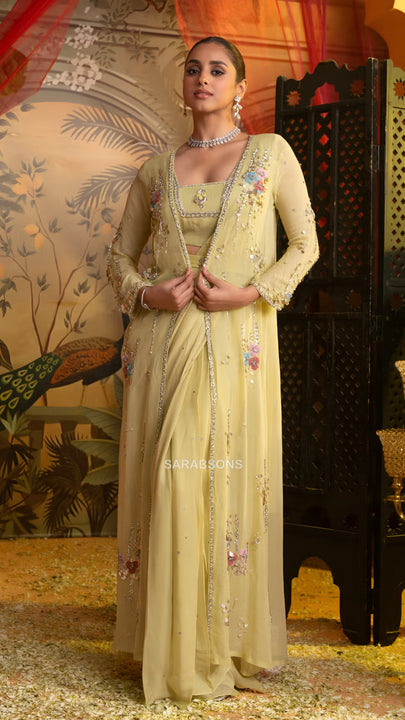 Sohni Pastel Lemon Indo-Western Ready-To-Wear Draped Saree with Shrug