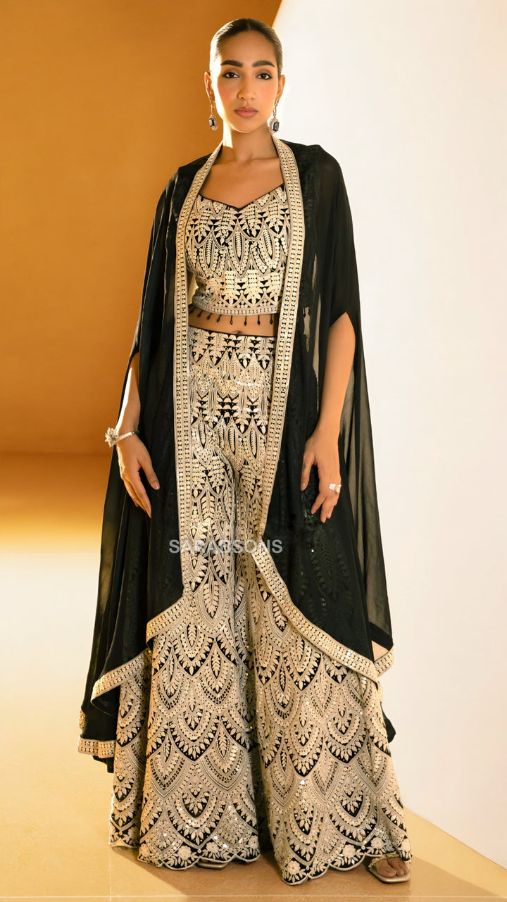 Celestial Black and White Indo-Western Crop Top Palazzo with Cape Set