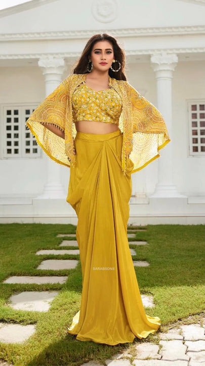 Yellow Indowestern Strappy Crop Top Draped Skirt with Cape Set