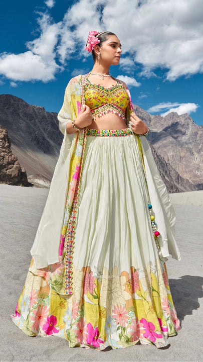 Cream Crop Top Lehenga With Cape Set