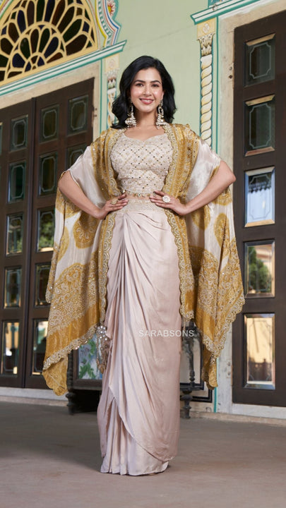 Beige Indo-Western Crop Top Draped Skirt with Cape Set