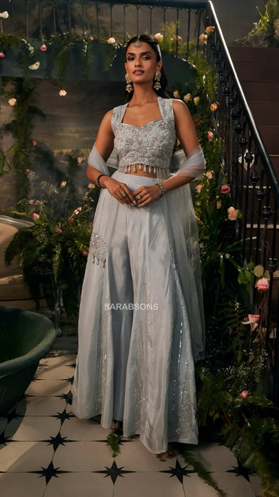 Reet Icy Silver-Gray Indo-Western Crop Top Palazzo with Dupatta Set