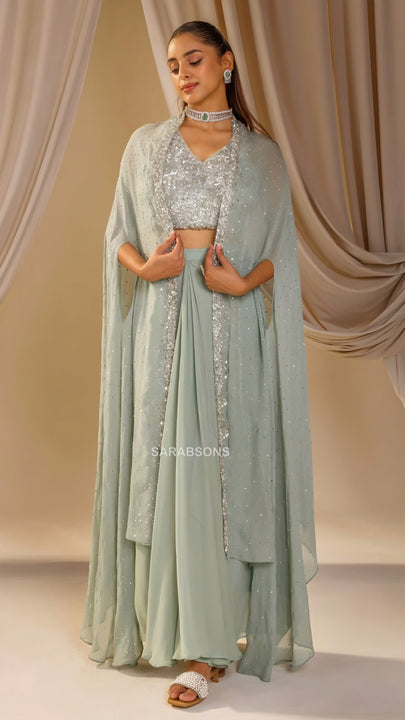 Sage Mint Green Indo-Western Crop Top Draped Skirt with Cape Set
