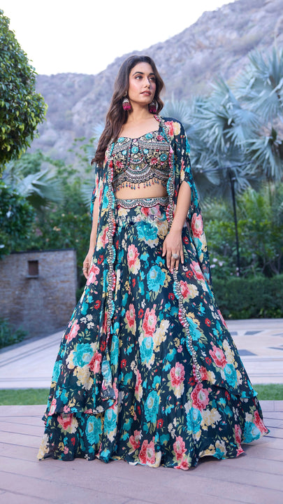 Teal Green Indowestern Crop Top Lehenga with Cape Set