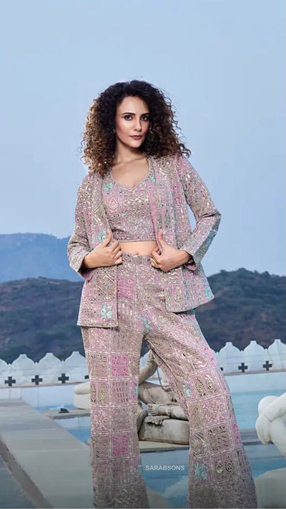 Pink Indowestern Crop Top Pants with Jacket Set