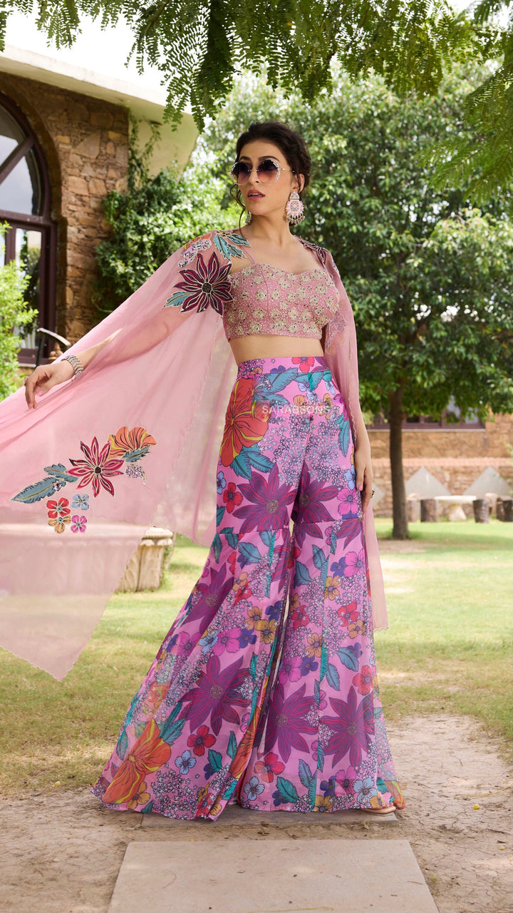 Pink Indowestern Crop Top Gharara with Cape Set