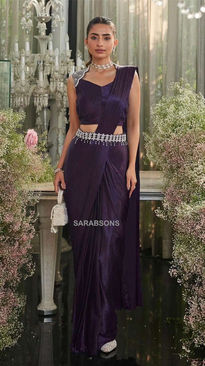 Plum Purple Indo-Western Ready-To-Wear Draped Saree