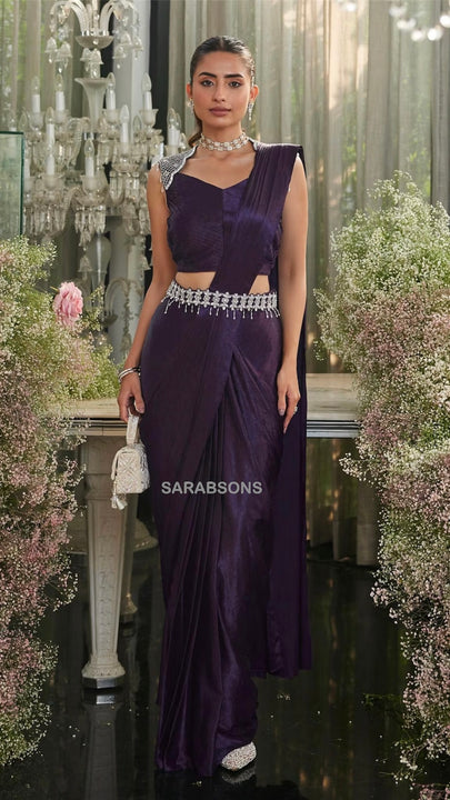 Plum Purple Indo-Western Ready-To-Wear Draped Saree