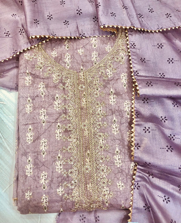 Designer Embroidered Suit Length 3 Piece Mauve Soft Mal Cotton