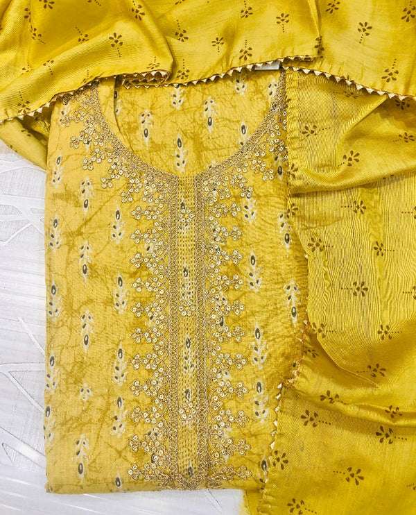 Designer Embroidered Suit Length 3 Piece Mustard Soft Mal Cotton