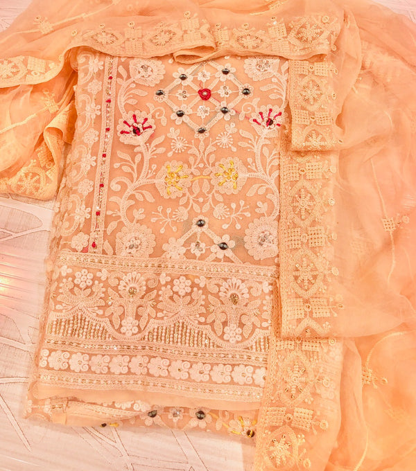 Lucknowi Chikankari Suit Length 3 Piece Peach Faux Georgette