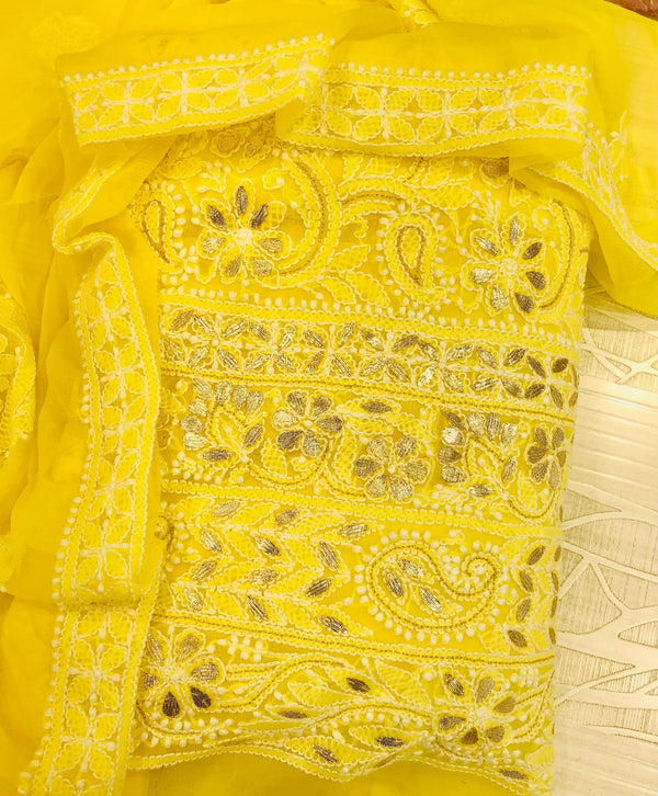 Lucknowi Chikankari Suit Length 3 Piece Yellow Faux Georgette