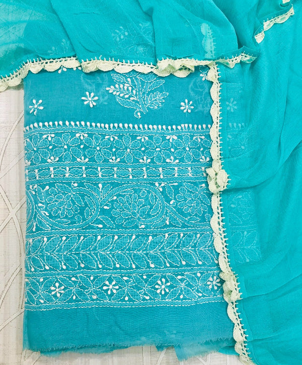 Lucknowi Chikankari Hand Embroidered Suit Length Blue Cotton