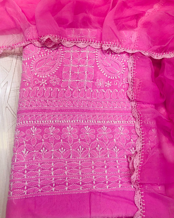 Lucknowi Chikankari Suit Length 3 Piece Rani Pink Cotton