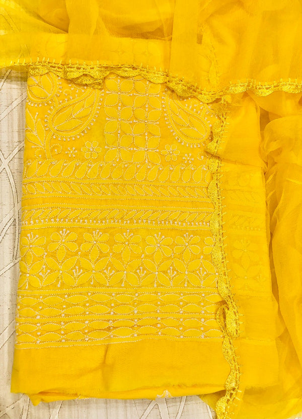 Lucknowi Chikankari Suit Length 3 Piece Yellow Cotton