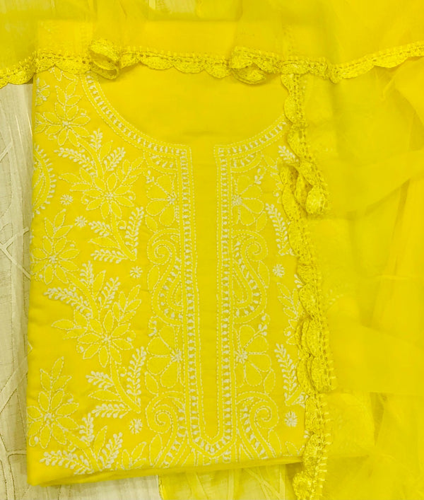 Lucknowi Chikankari Suit Length 3 Piece Yellow Cotton