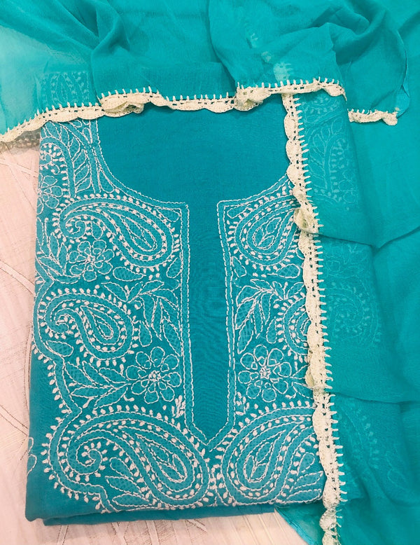 Lucknowi Chikankari Suit Length 3 Piece Blue Cotton