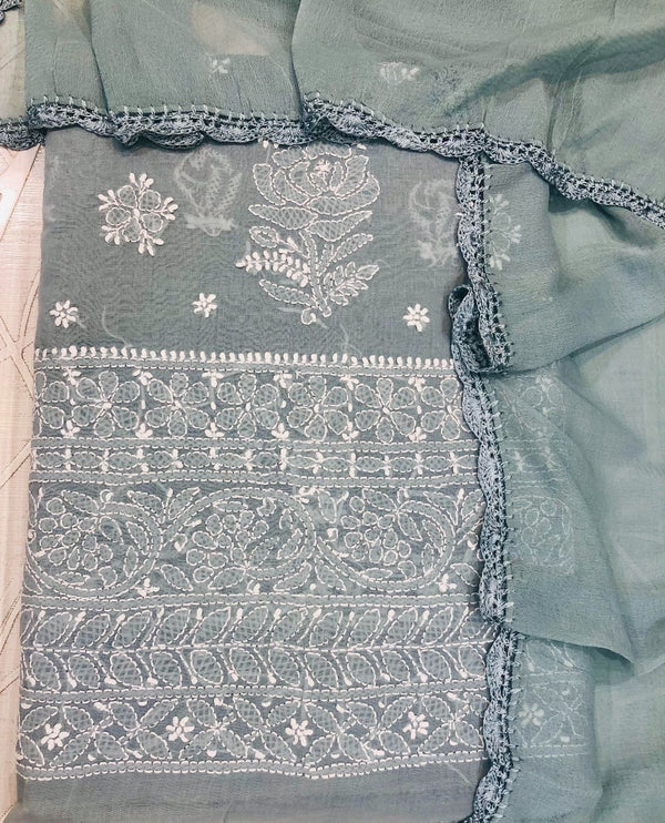 Lucknowi Chikankari Hand Embroidered Suit Length Gray Cotton