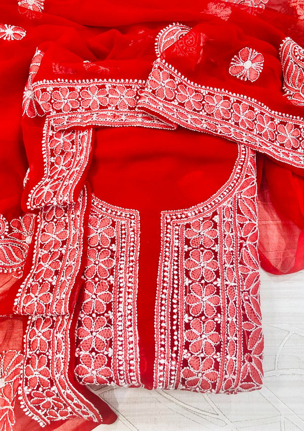 Lucknowi Chikankari Suit Length 3 Piece Red Faux Georgette