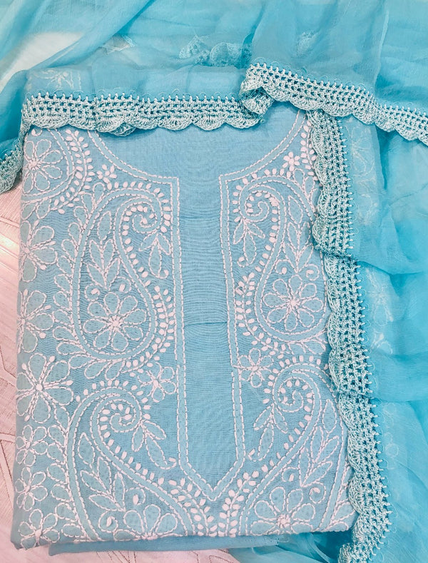 Lucknowi Chikankari Suit Length 3 Piece Blue Cotton