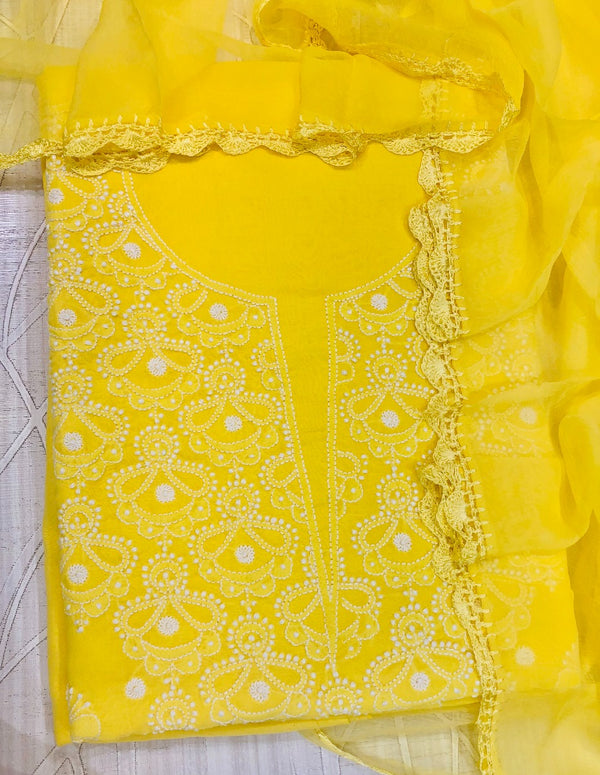 Lucknowi Chikankari Suit Length 3 Piece Yellow Cotton