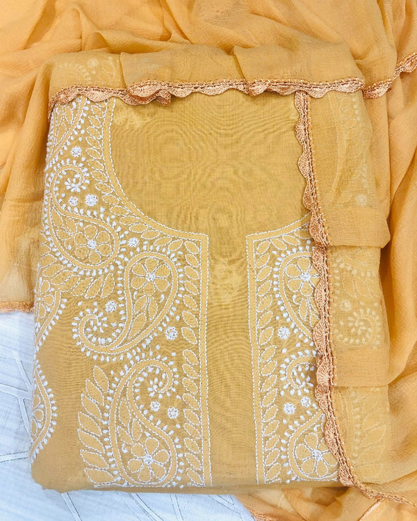 Lucknowi Chikankari Suit Length 3 Piece Beige Cotton