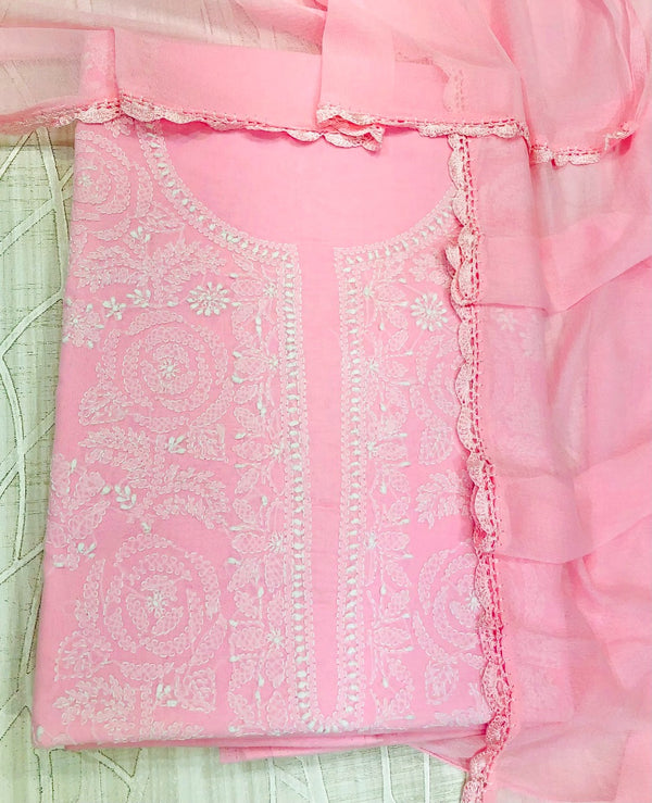 Lucknowi Chikankari Suit Length 3 Piece Pink Cotton