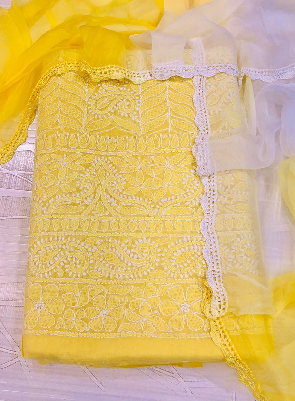 Lucknowi Chikankari Suit Length 3 Piece Yellow Cotton