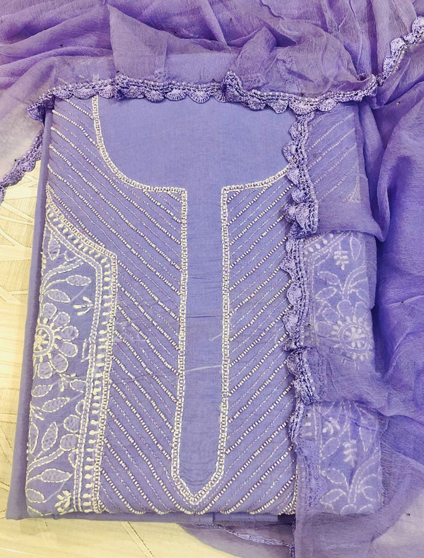 Lucknowi Chikankari Suit Length 3 Piece Purple Cotton