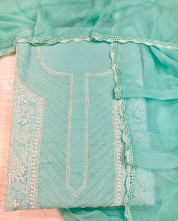 Lucknowi Chikankari Suit Length 3 Piece Sea Green Cotton