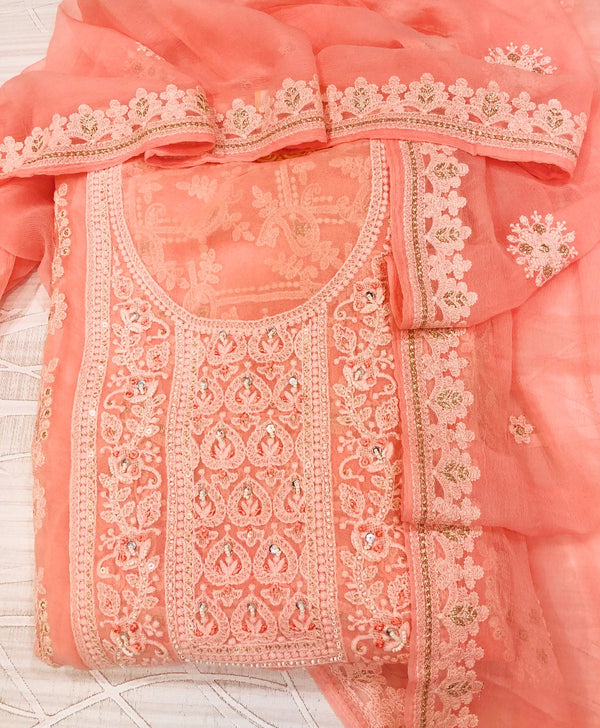 Lucknowi Chikankari Suit Length 3 Piece Gajri Faux Georgette