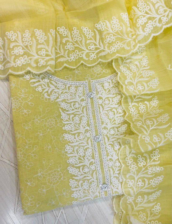 Designer Embroidered Suit Length 3 Piece Lemon Yellow  Kota