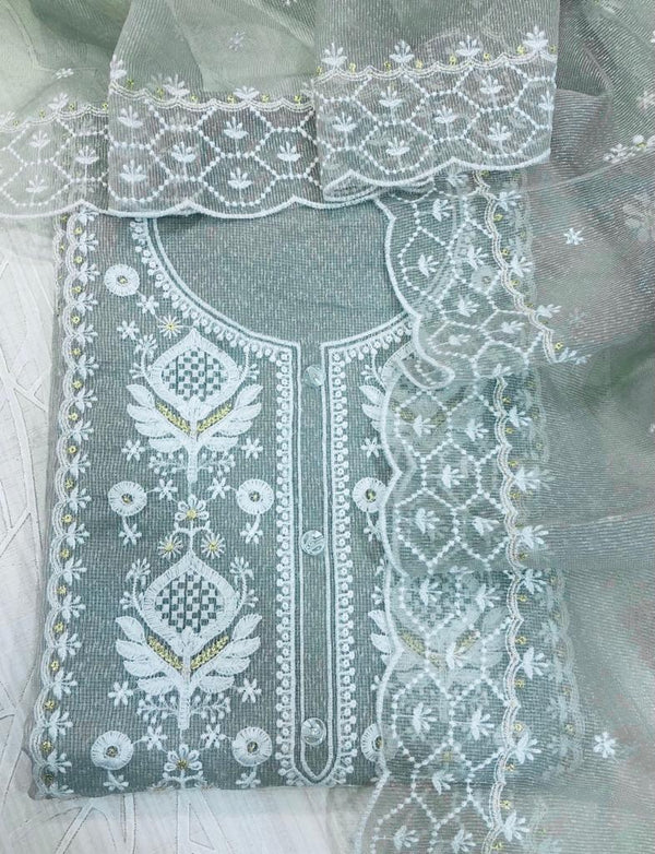 Designer Embroidered Suit Length 3 Piece Gray Kota