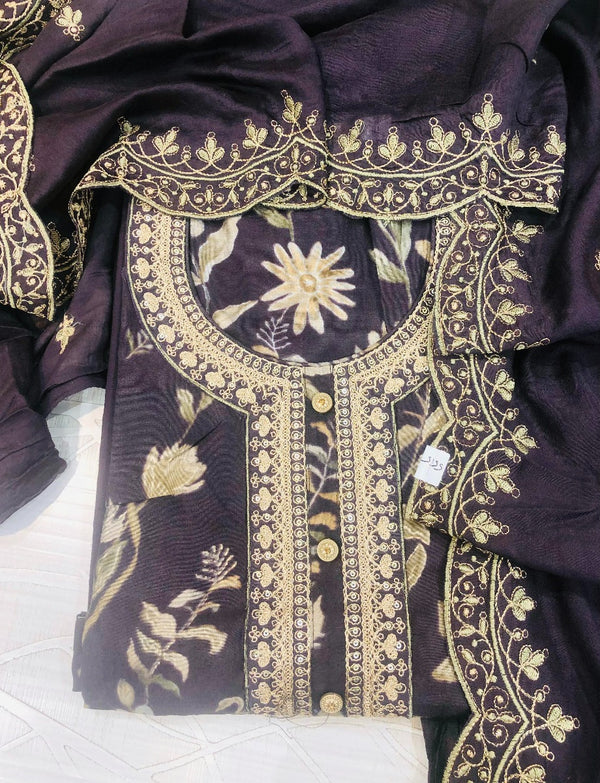 Designer Embroidered Suit Length 3 Piece Wine Mal Cotton