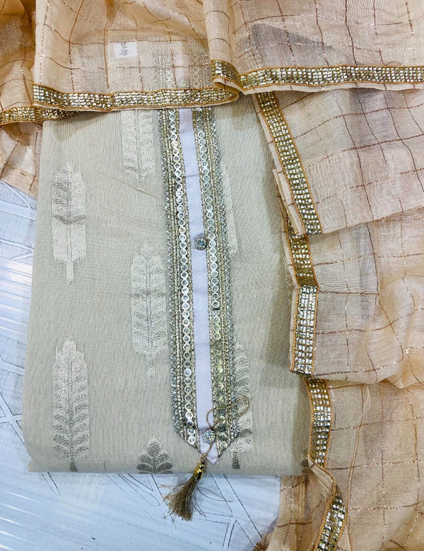 Designer Embroidered Suit Length 3 Piece Beige Chanderi Cotton