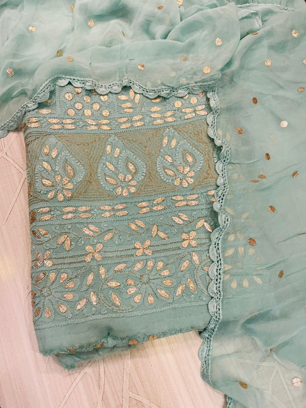 Chikankari Pure Georgette Suit Length 2 Piece Teal Green Pure Georgette