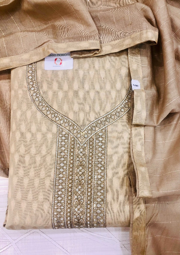 Designer Embroidered Suit Length 3 Piece Beige Chanderi Cotton