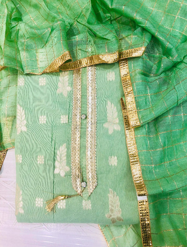 Designer Embroidered Suit Length 3 Piece Green Chanderi Cotton