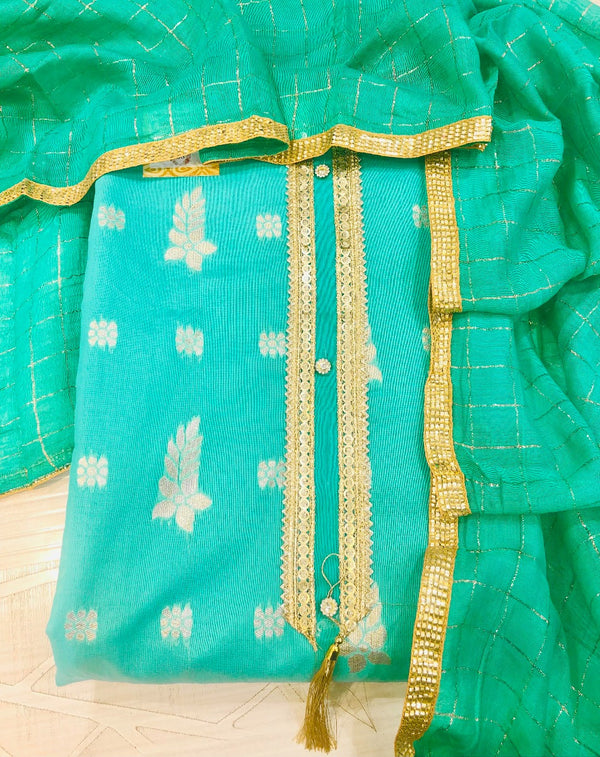 Designer Embroidered Suit Length 3 Piece Green Chanderi Cotton