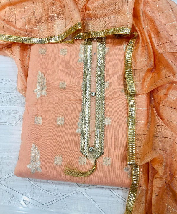 Designer Embroidered Suit Length 3 Piece Peach Chanderi Cotton