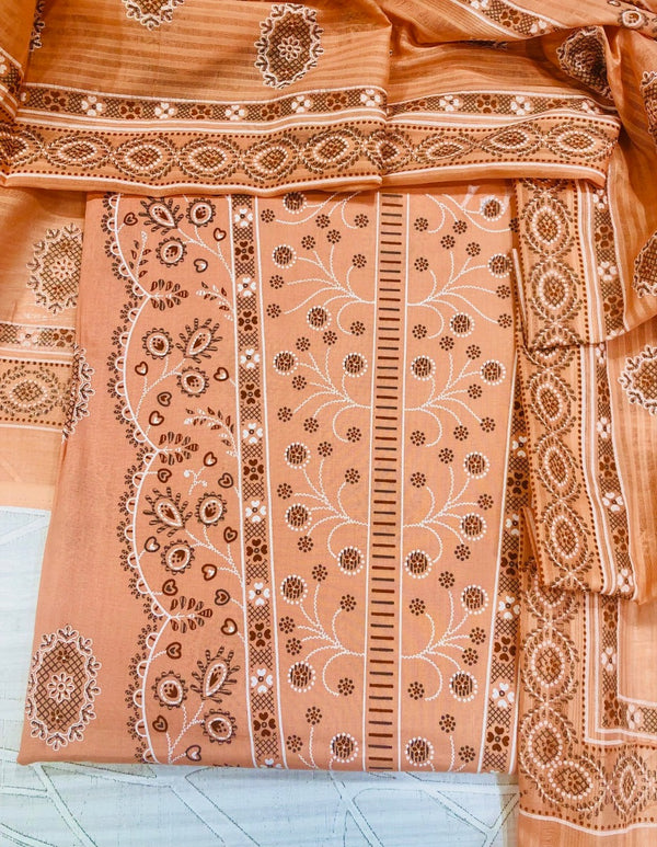 Designer Embroidered Suit Length 3 Piece Orange Soft Mal Cotton